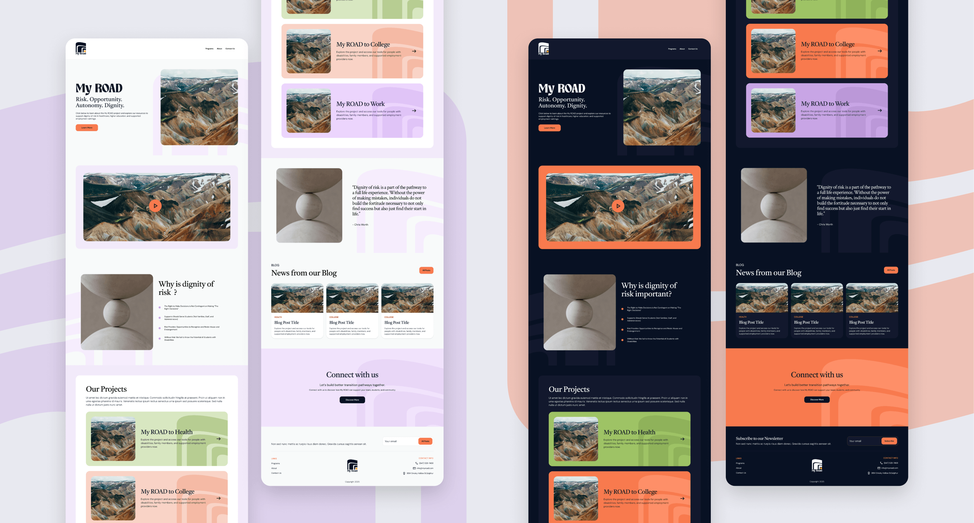 My ROAD website mockups in light and dark modes