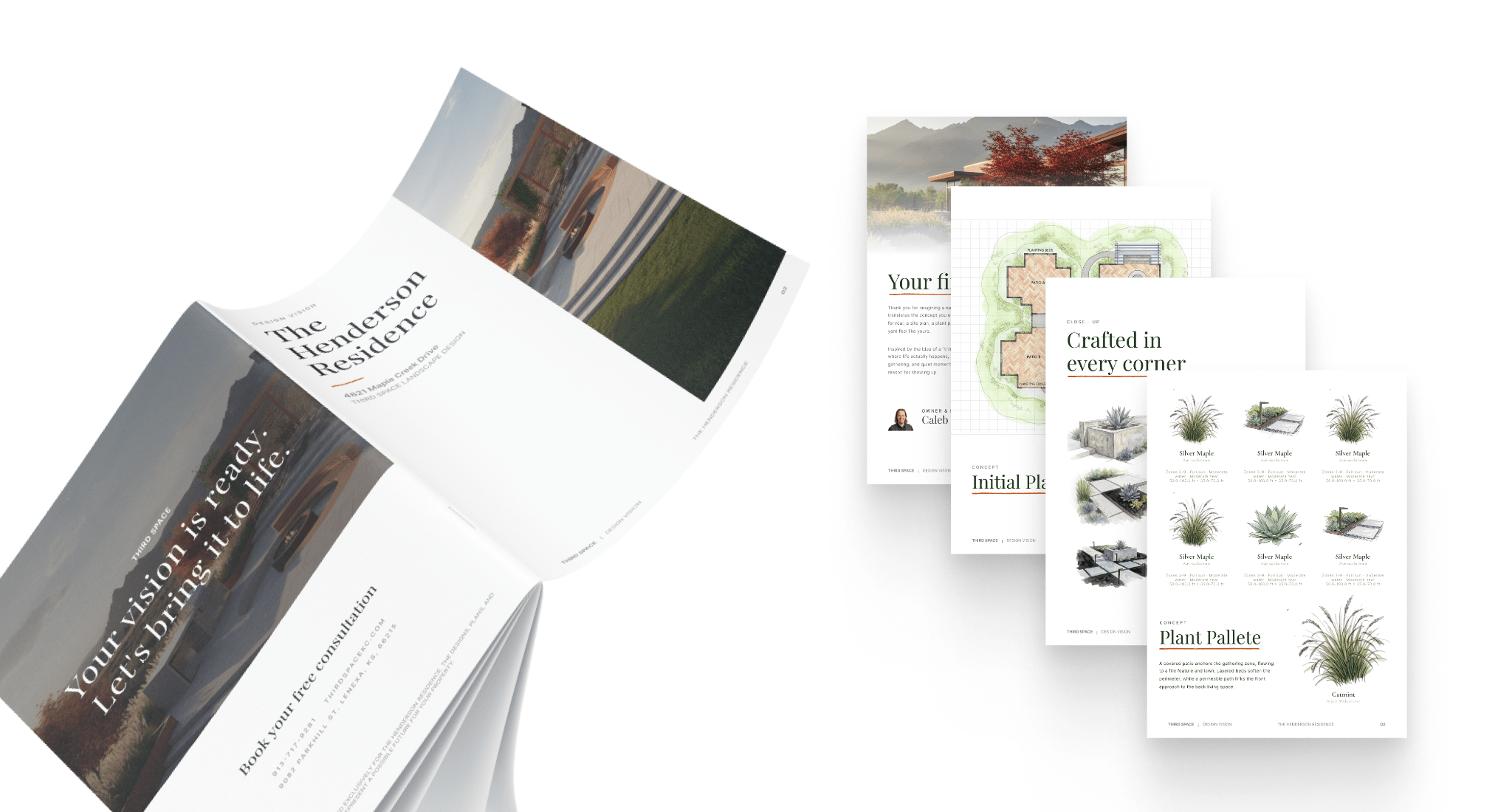 CurbSight design vision book with cover, site plan, detail, and plant palette spreads