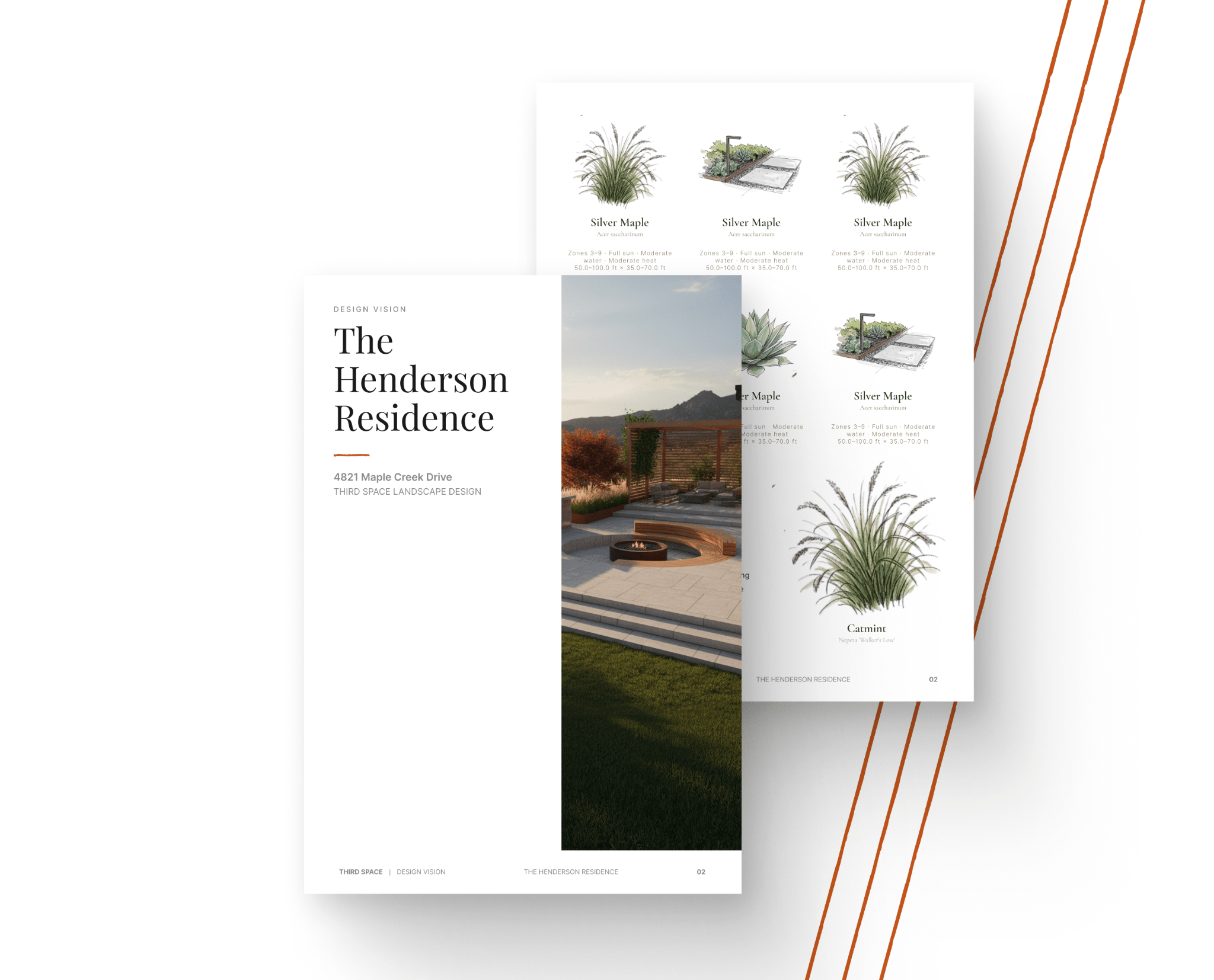 CurbSight AI design vision book pages featuring a landscape rendering and plant palette