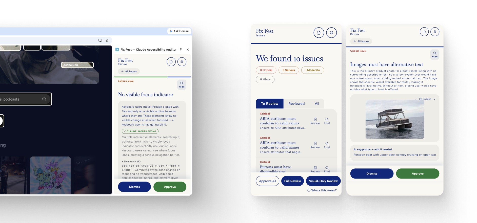 The final Fix Fest interface identifying a focus issue, grouping audit findings, and reviewing suggested alt text